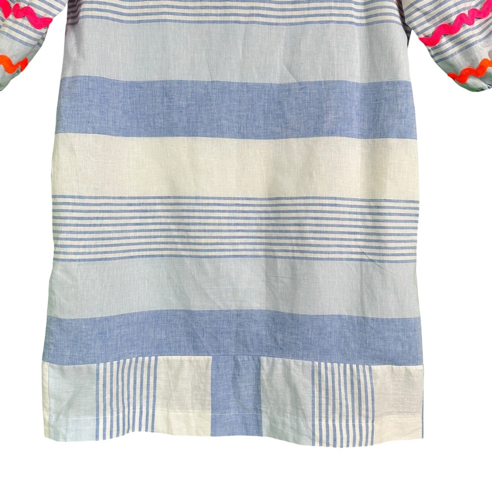 Vilagallo Tunic Dress 42 10 Blue White Stripe Linen Blend Pockets Resort Coastal - Picture 14 of 14